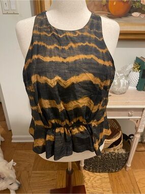 DKNY Tie Dye Linen Blend Peplum Tank Top Medium Black Brown Sleeveless
